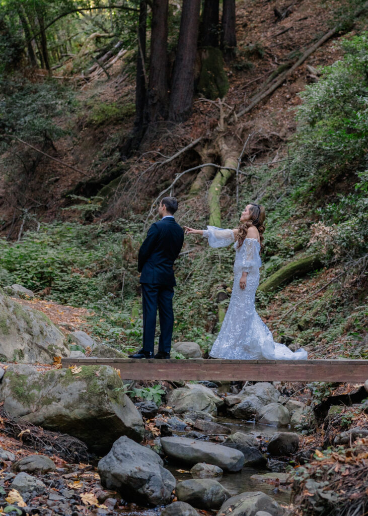 Bride touching the shoulder of groom at Saratoga Springs